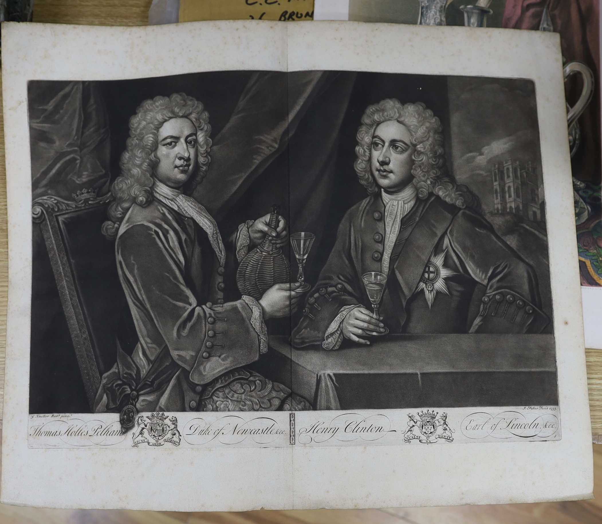 A folio of 18th and 19th century colour lithographs and prints including after Thomas Rowlandson, ‘Dr. Syntax in the Glasshouse’, published March 1820 and after Godfrey Kneller, Thomas Holles Pelham, Duke of Newcastle an